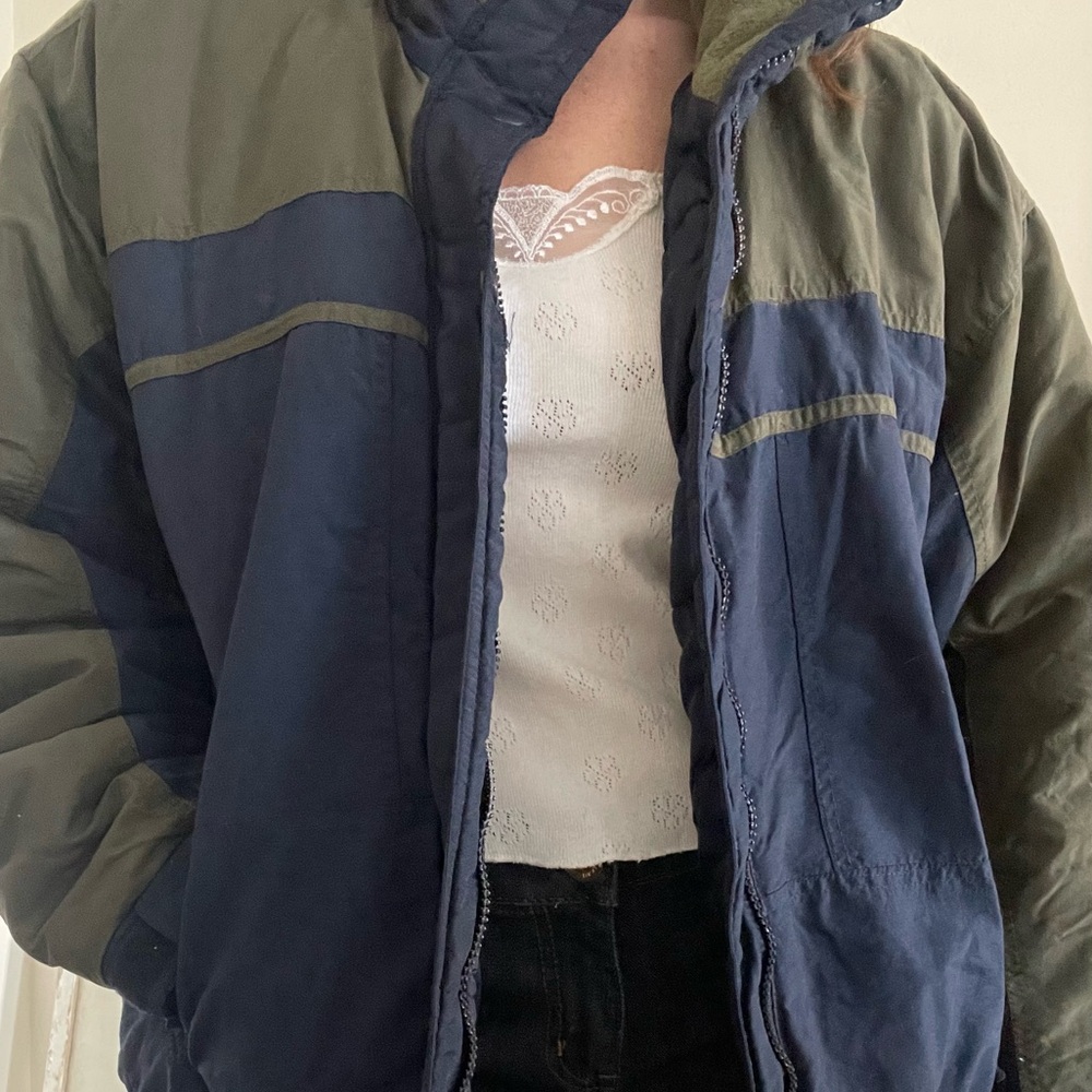 Vintage Navy & Olive Colorblock Puffer Jacket | 90s Unisex Winter Coat
